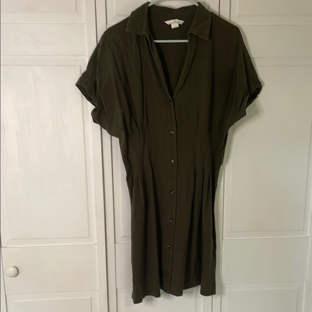 H&M Olive Linen Blend Button Up Dress
